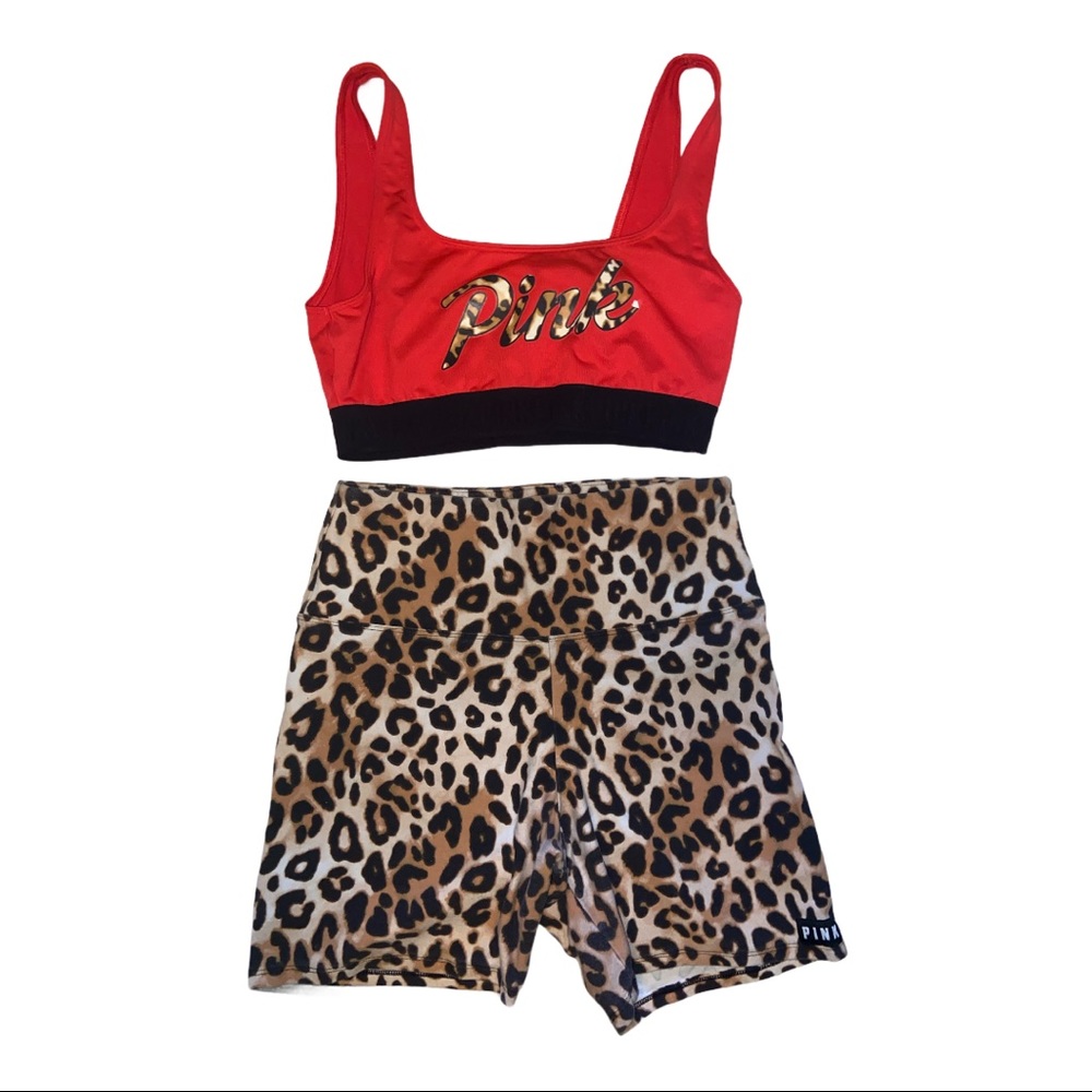 Pink VS Medium Cheetah Sports Bra Biker Short Set